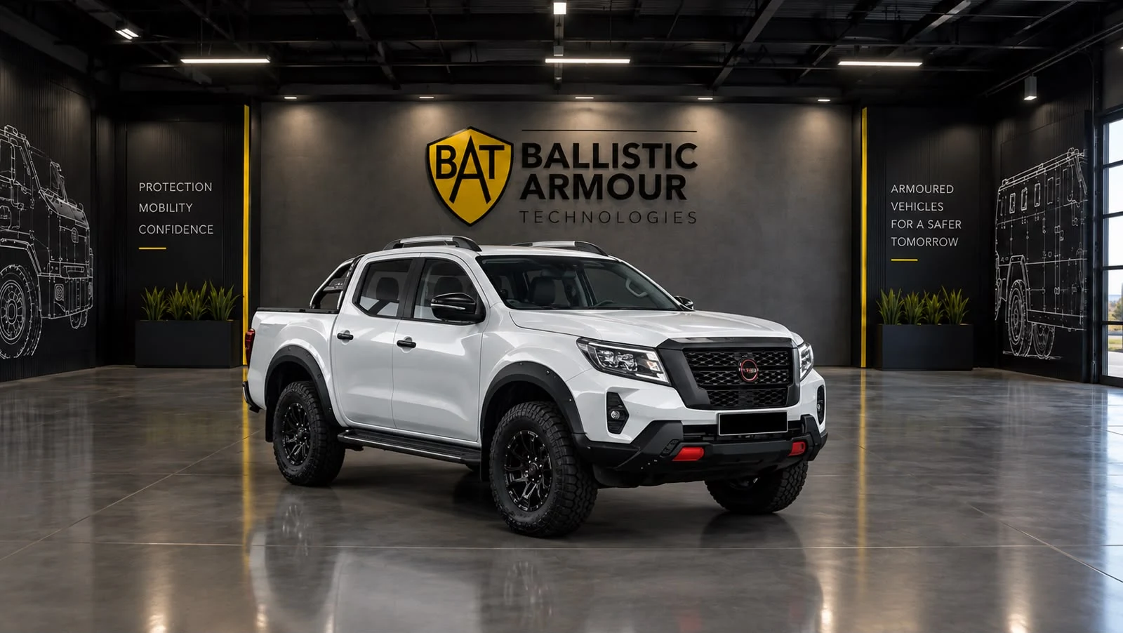 White Nissan Navara double cab in a BAT-branded showroom